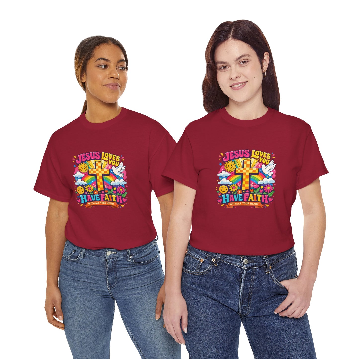 Christian Cross T-Shirt — "Jesus Loves You, Have Faith" Colorful Faith Tee