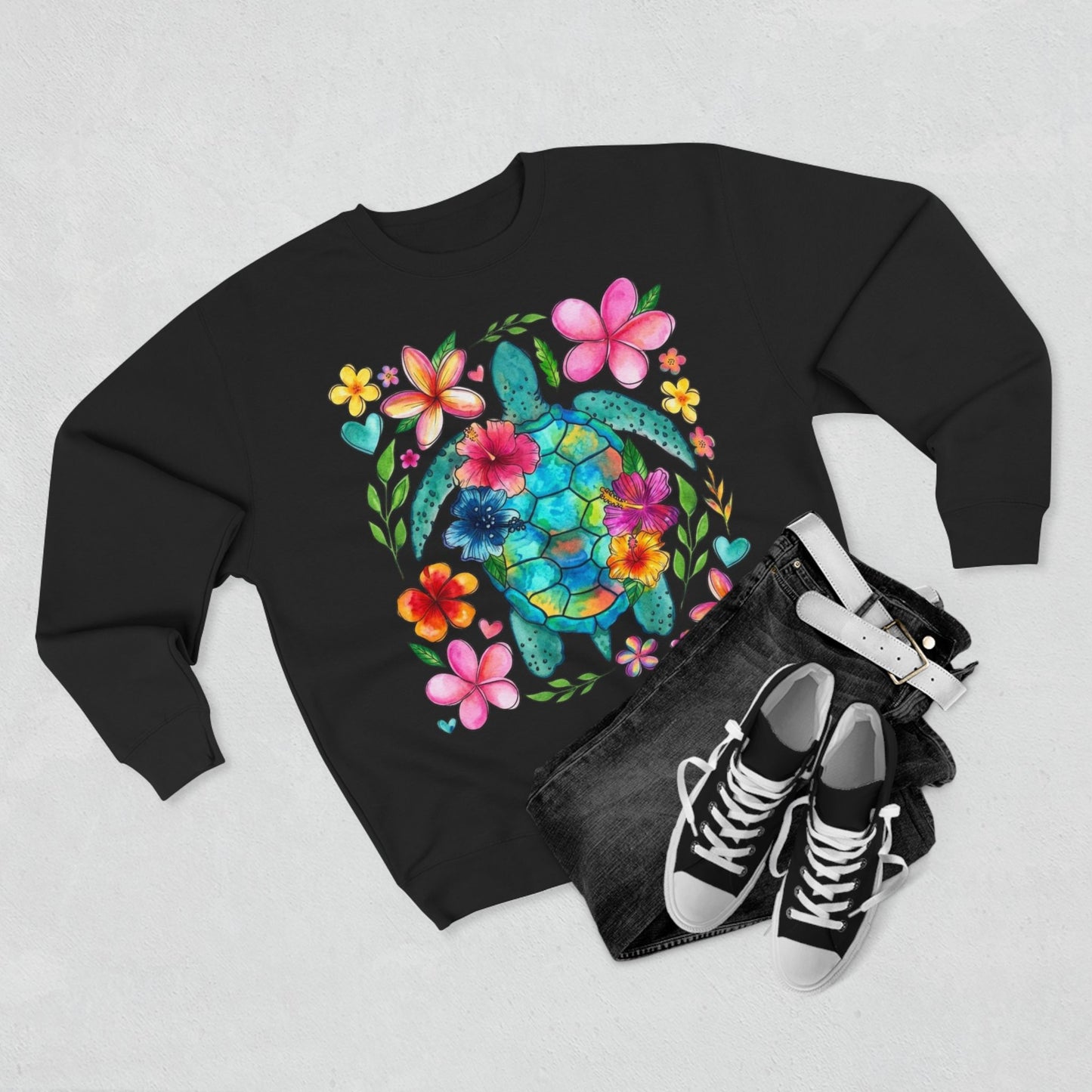 Floral Sea Turtle Sweatshirt — Colorful Watercolor Turtle & Flowers Crewneck