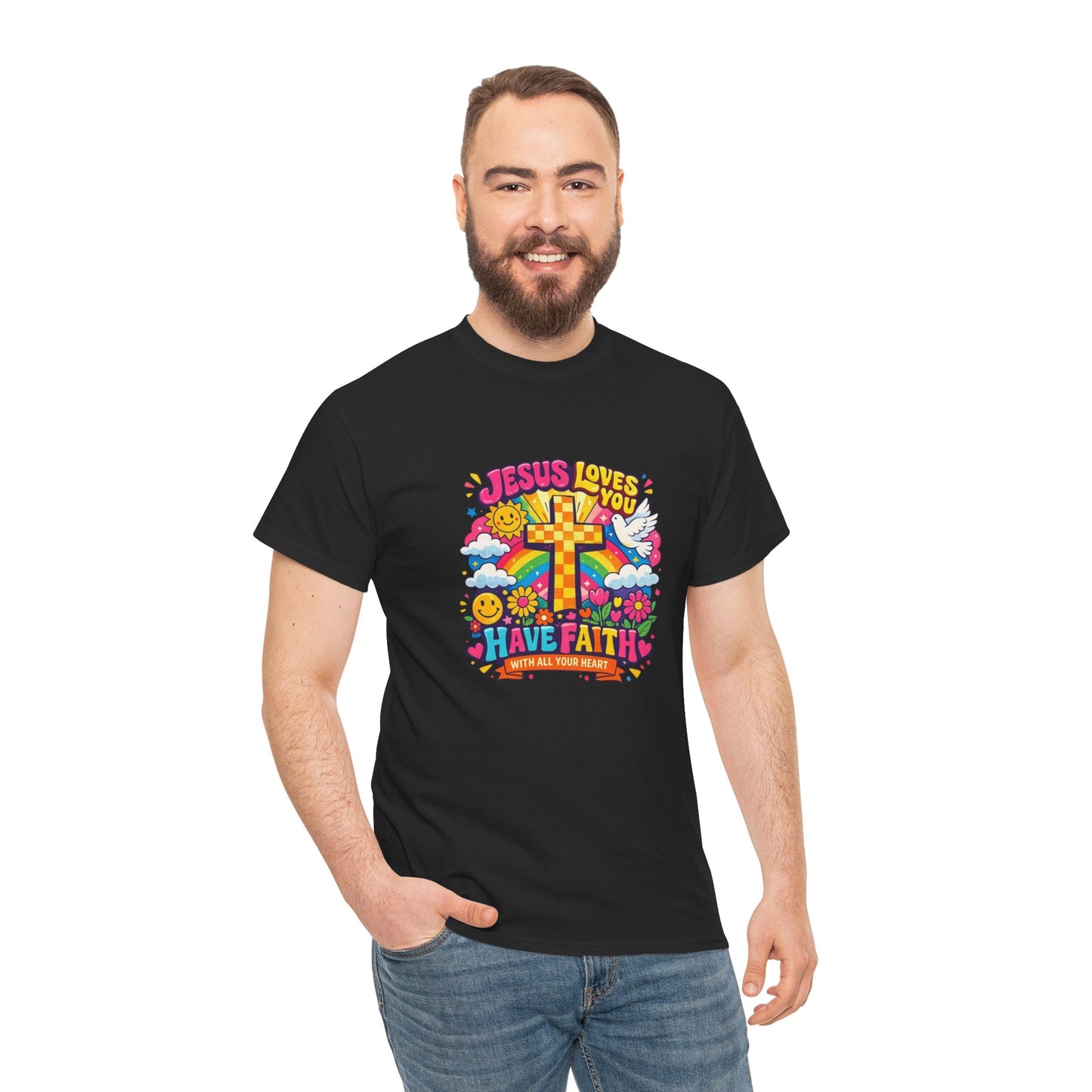 Christian Cross T-Shirt — "Jesus Loves You, Have Faith" Colorful Faith Tee