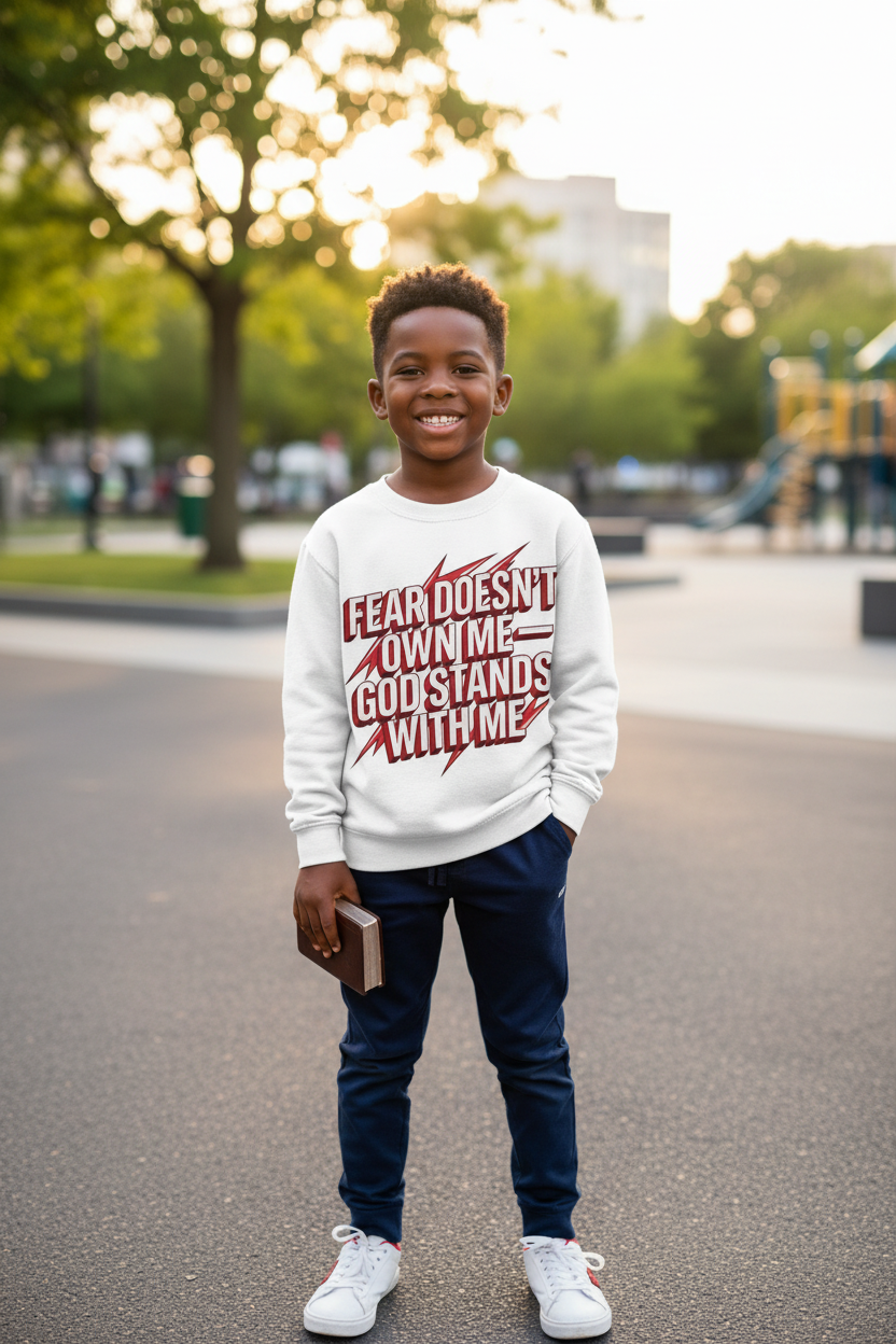 Kids Sweatshirt — "Fear Doesn’t Own Me, God Stands With Me" Christian Youth Pullover