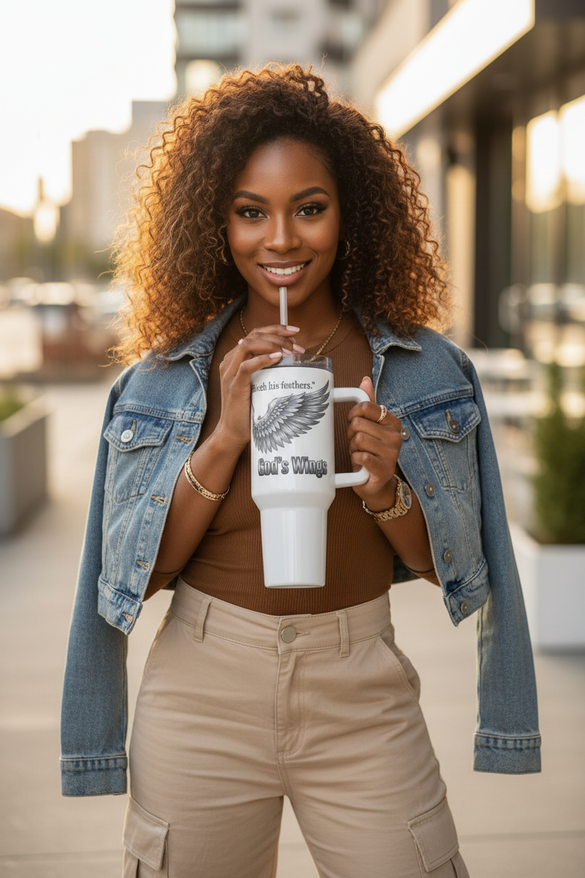 Inspirational Angel Wings Tumbler 40oz – "I'm Covered in God's Love" Travel Mug
