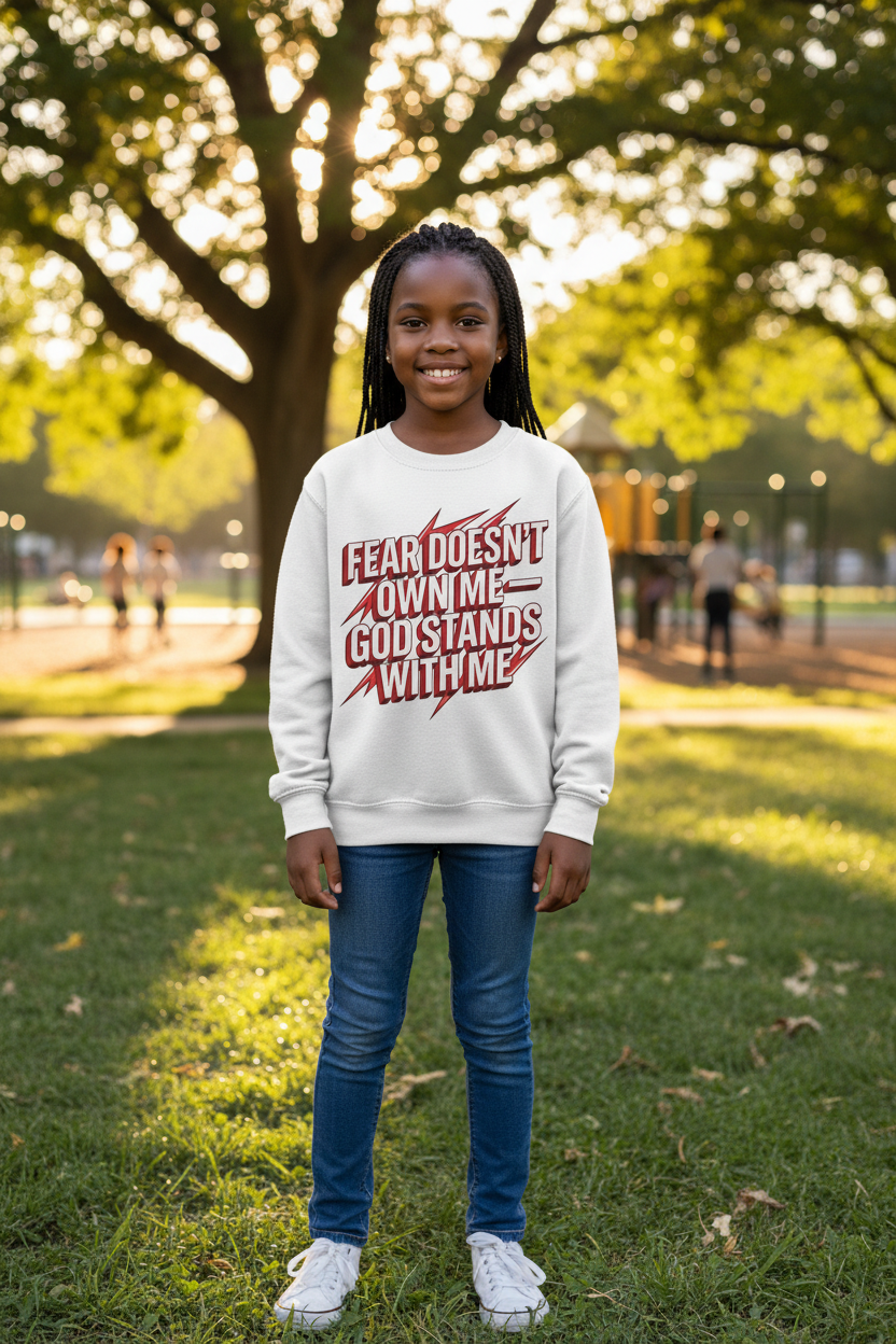 Kids Sweatshirt — "Fear Doesn’t Own Me, God Stands With Me" Christian Youth Pullover