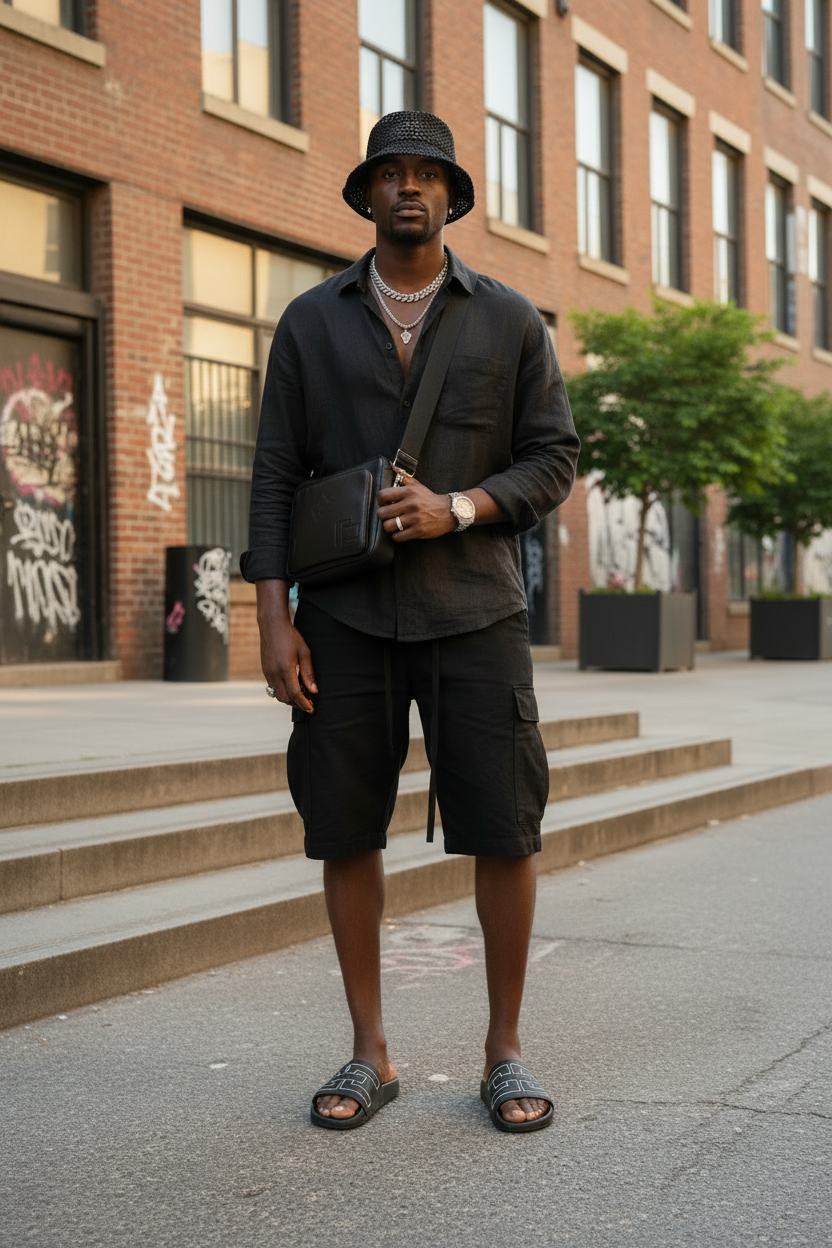 Full legs shot of Black male influencer wearing men's slides