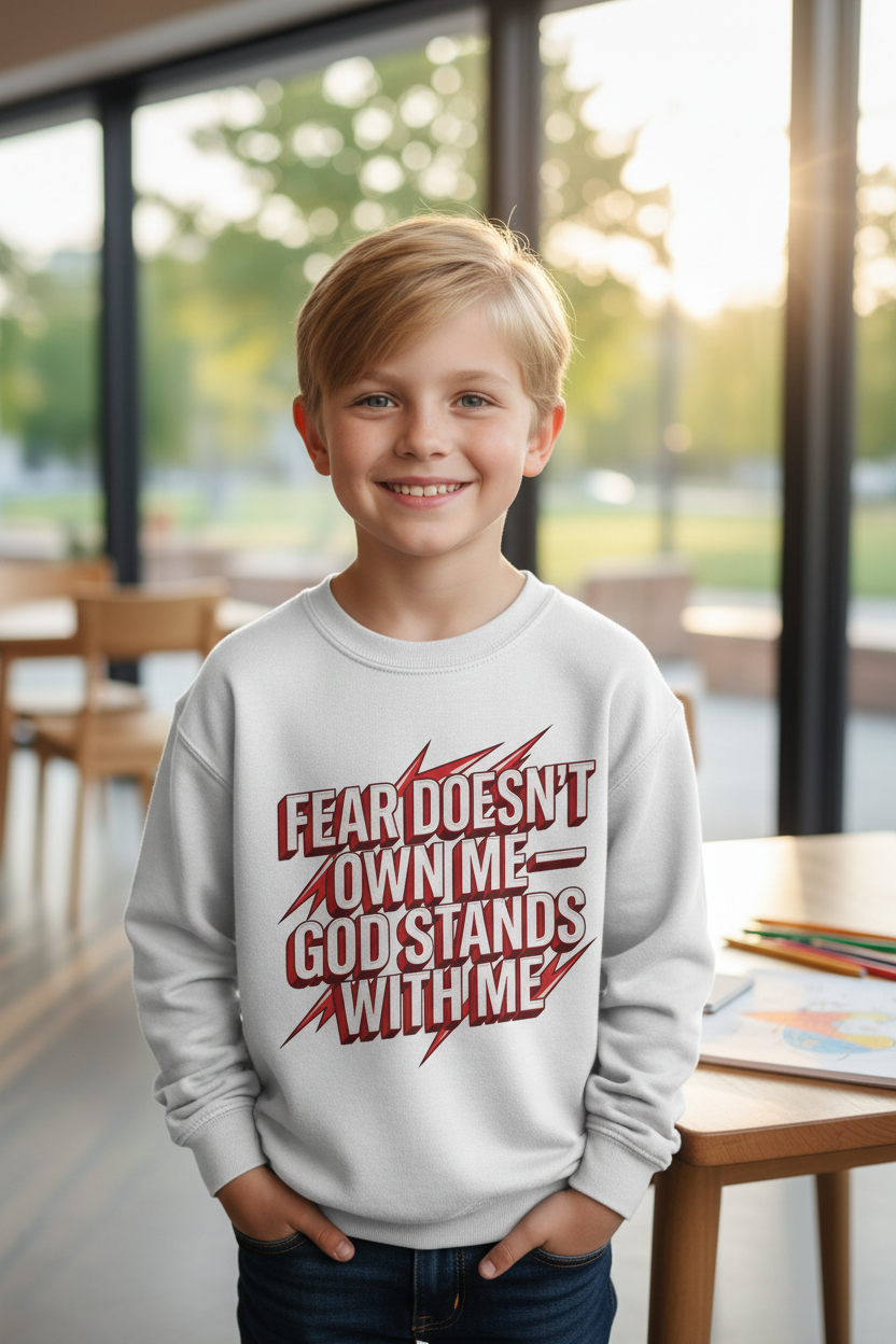 Kids Sweatshirt — "Fear Doesn’t Own Me, God Stands With Me" Christian Youth Pullover