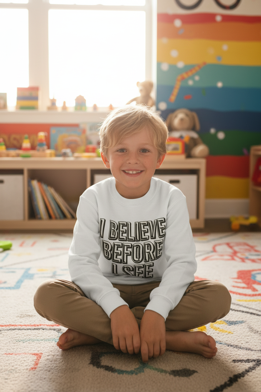 Kids Sweatshirt - "I Believe Before I See" Inspirational Graphic Pullover