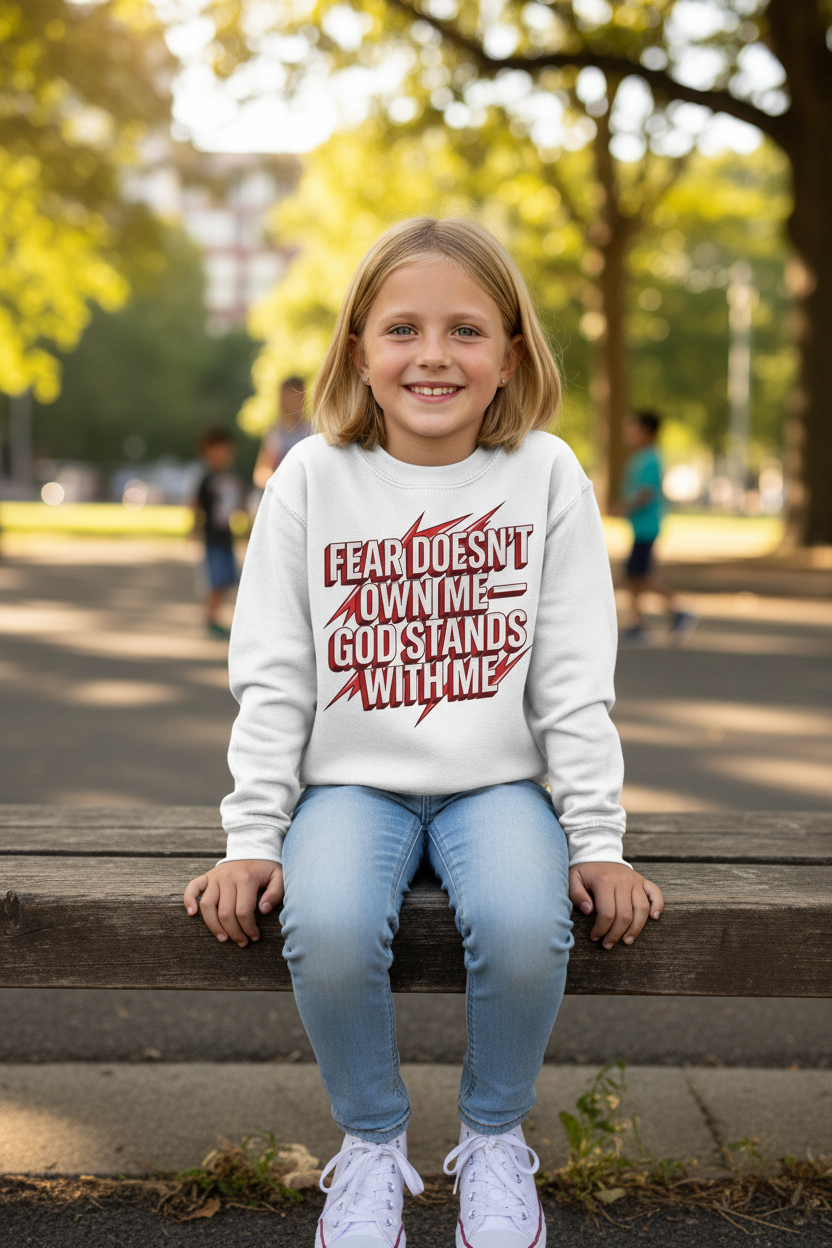 Kids Sweatshirt — "Fear Doesn’t Own Me, God Stands With Me" Christian Youth Pullover