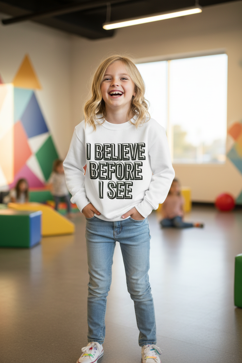 Kids Sweatshirt - "I Believe Before I See" Inspirational Graphic Pullover